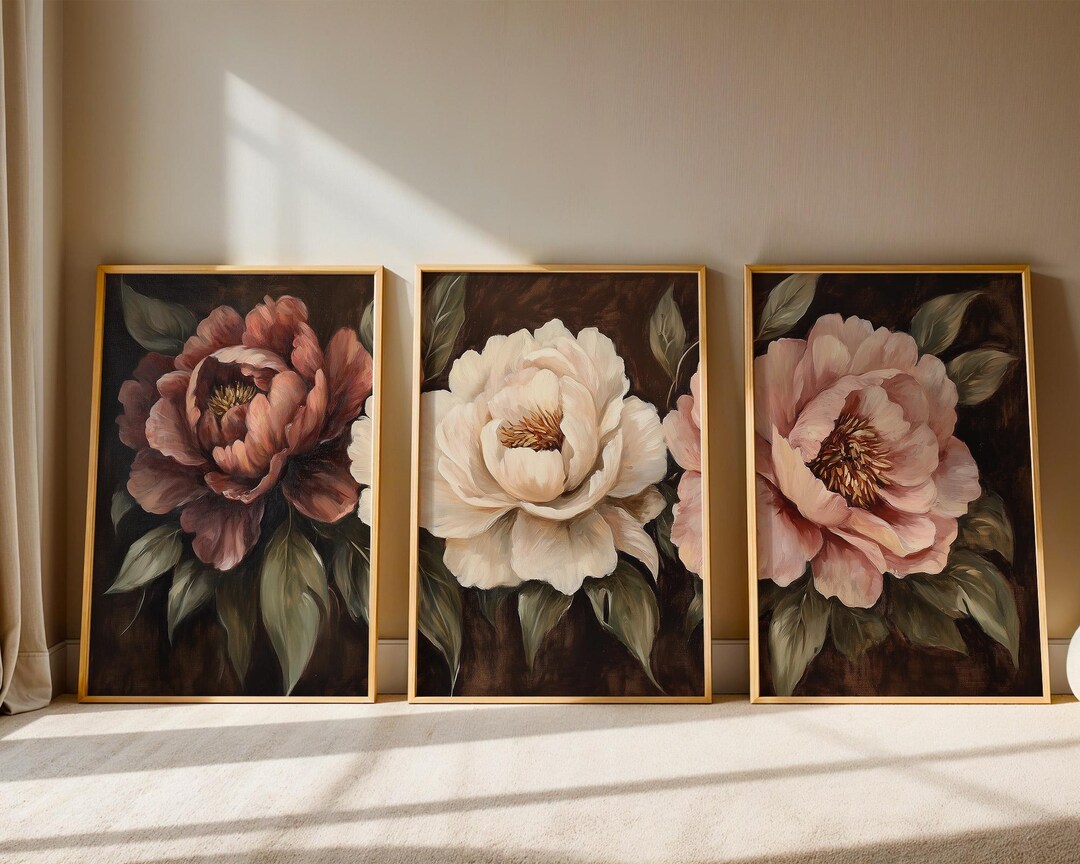 Dark Peony Art Prints: Moody Floral Wall Decor, Set of 3 - Etsy