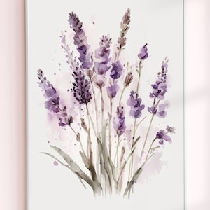 Lavender Watercolor Print, Farmhouse Decor, Floral Art Painting, Digital Art Download