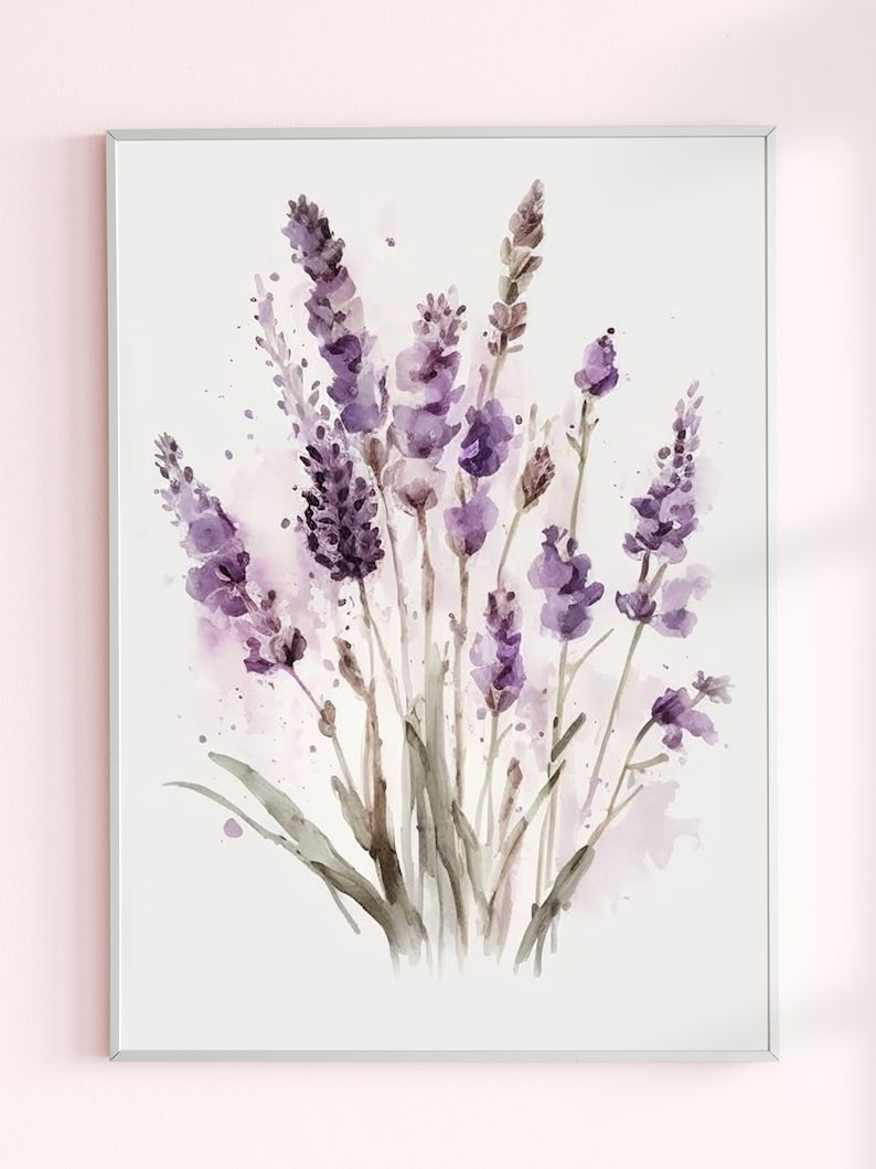 Lavender Watercolor Print, Farmhouse Decor, Floral Art Painting, Digital Art Download