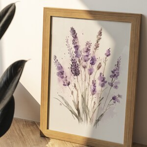 Lavender Watercolor Print, Farmhouse Decor, Floral Art Painting, Digital Art Download