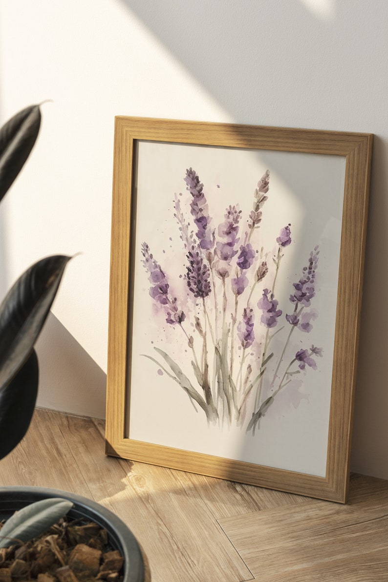 Lavender Watercolor Print, Farmhouse Decor, Floral Art Painting, Digital Art Download