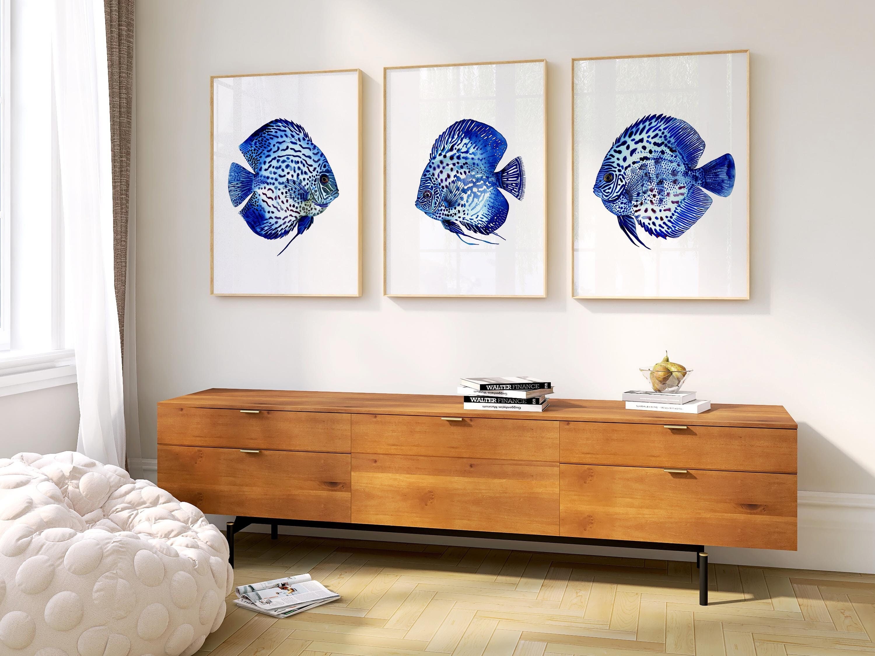 Blue Discus Fish Artwork Set Of 3  |  Serene Oceanic Trio Print