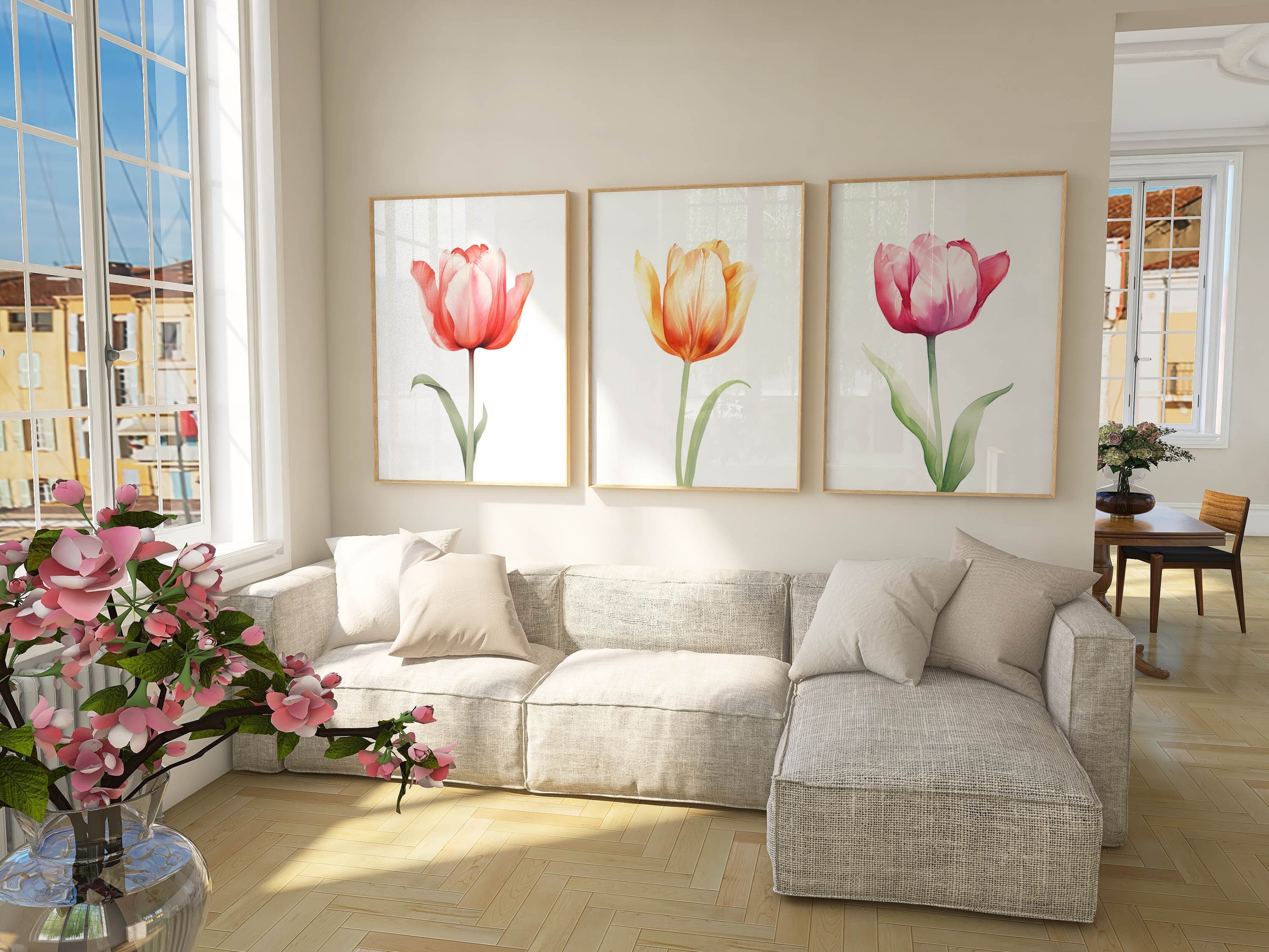 Watercolor Tulip Painting Set Of 3 | Bedroom Flowers Decor | Tulip Prints