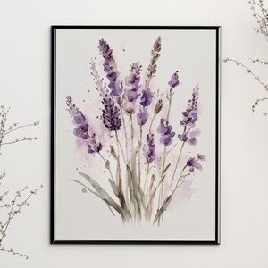 Lavender Watercolor Print, Farmhouse Decor, Floral Art Painting, Digital Art Download