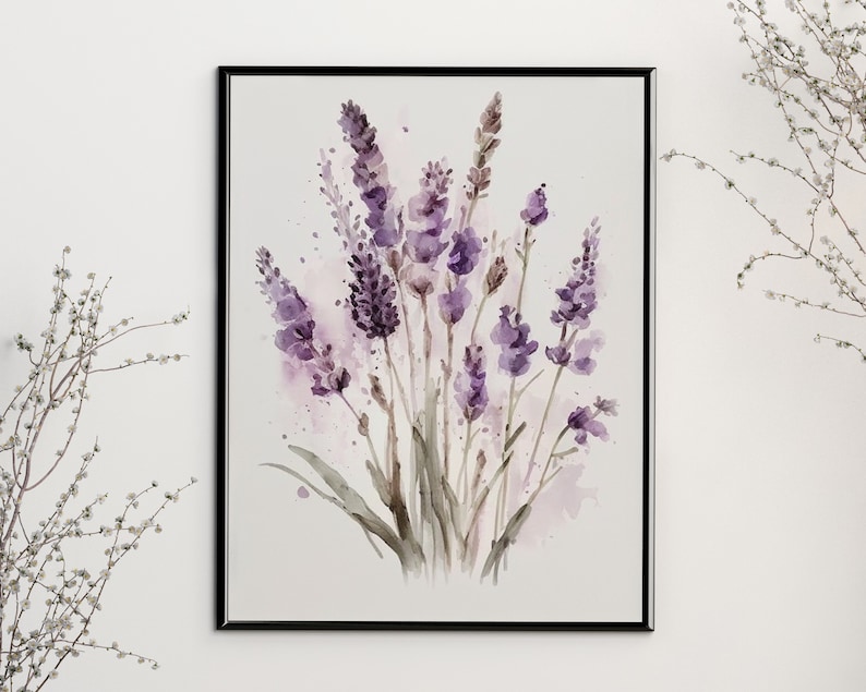 Lavender Watercolor Print, Farmhouse Decor, Floral Art Painting, Digital Art Download