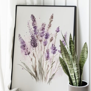 Lavender Watercolor Print, Farmhouse Decor, Floral Art Painting, Digital Art Download