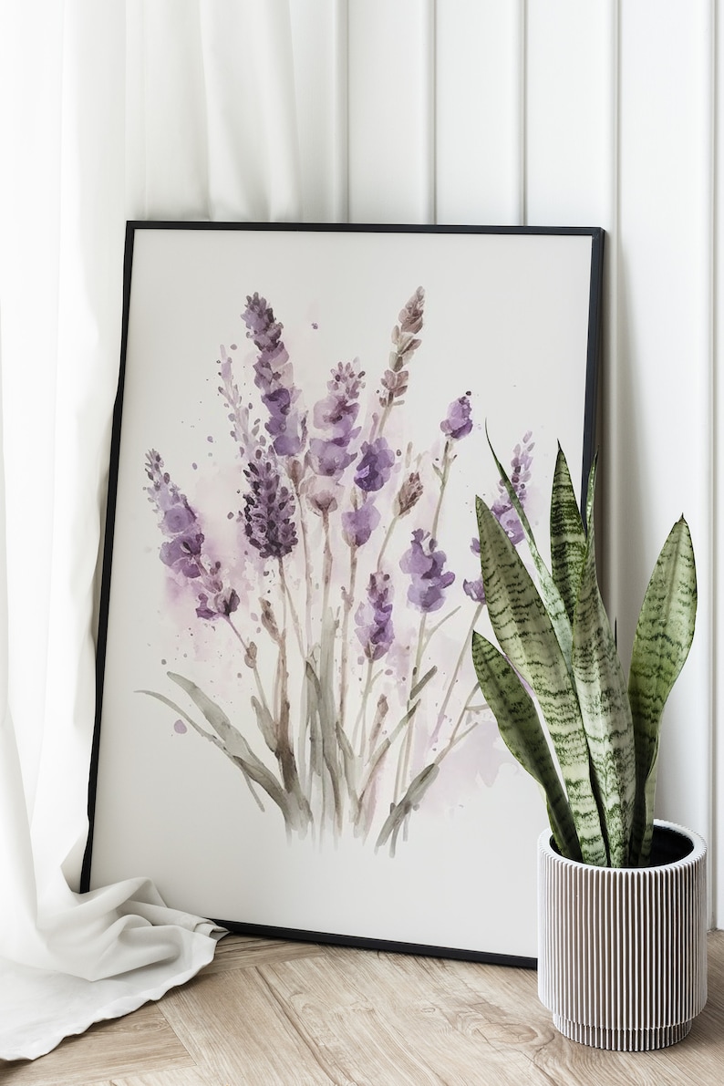 Lavender Watercolor Print, Farmhouse Decor, Floral Art Painting, Digital Art Download