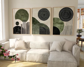 Abstract Green and Black Prints: Geometric Triptych Wall Art