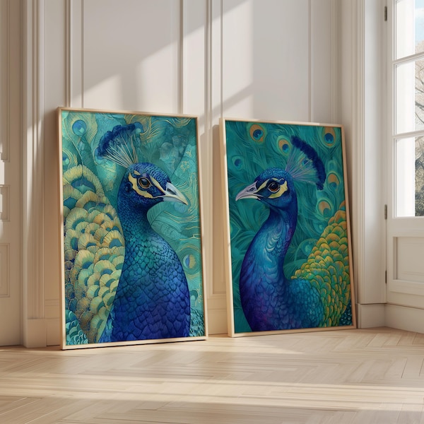 Peacock Art Prints Set: Teal, Blue & Gold Exotic Bird Wall Decor