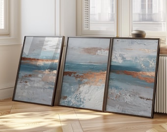 Ocean Blue Copper Abstract Art | Textured Canvas Triptych