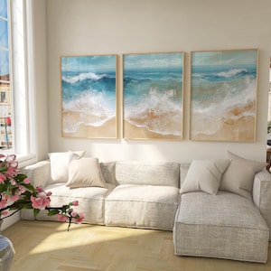 Conjunto de arte mural costero: impresiones tríptico de olas oceánicas abstractas