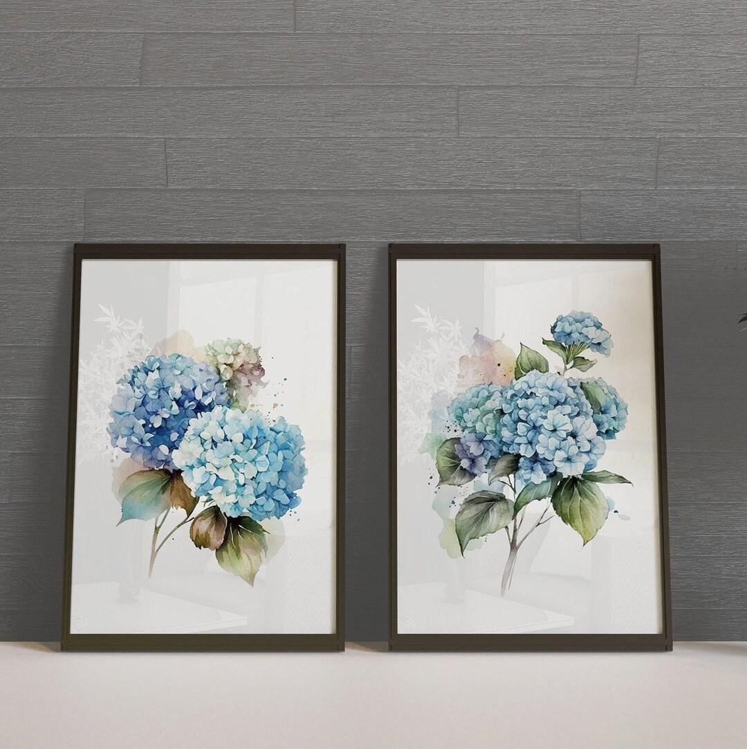 Blue Hydrangea Watercolor Print Set: Floral Living Room Wall Art - Etsy