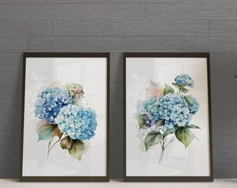 Blue Hydrangea Watercolor Print Set: Floral Living Room Wall Art