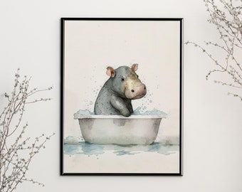 Baby Hippo Taking Bath Minimalistic Wall Art Watercolor Nursery Rhymes, Kids room Art, Art for Kids, Children