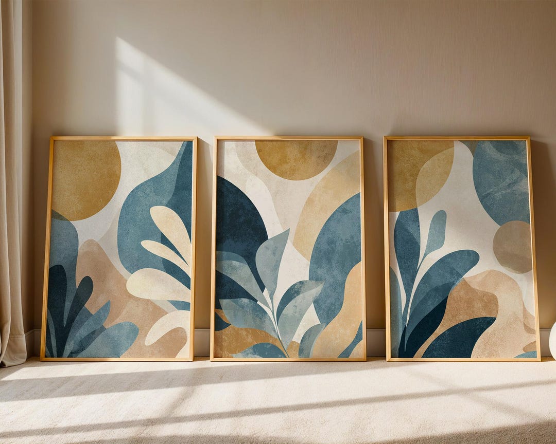 Teal Blue Botanical Leaf Art Print Set of 3 | Gold Tropical Wall Decor ...