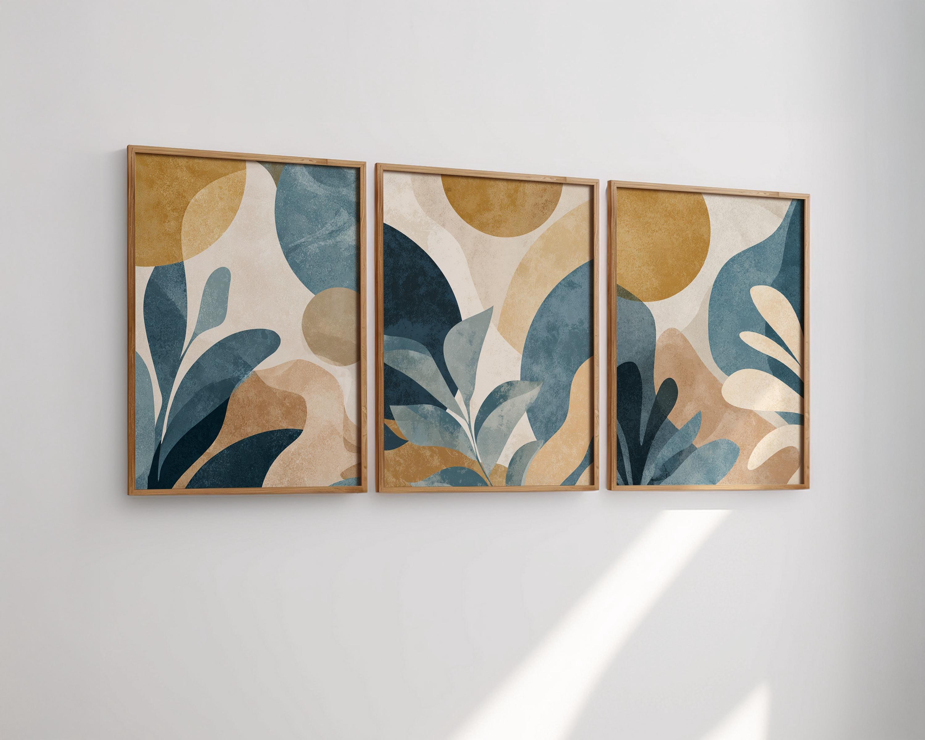 Teal Blue Botanical Leaf Art Print Set of 3 | Gold Tropical Wall Decor ...