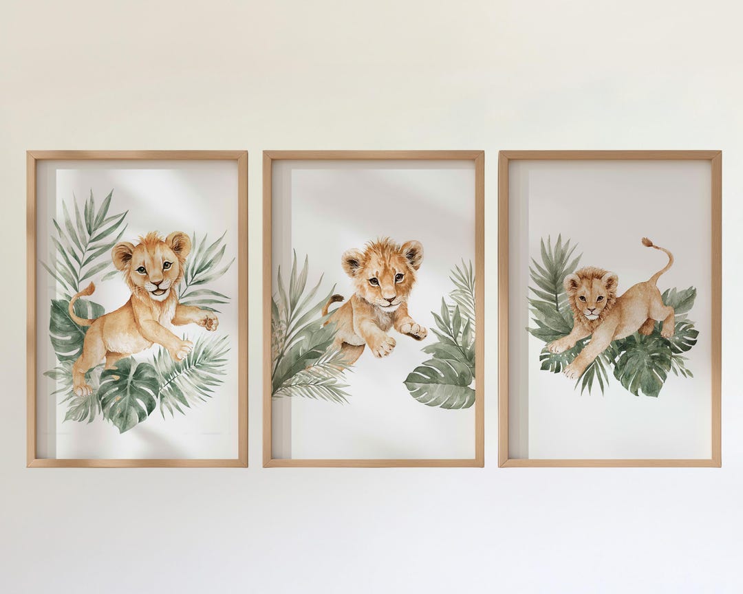 Cub Prints Baby Lion Cub Nursery Prints Set of 3, Safari Animal Wall Art, Tropical ...