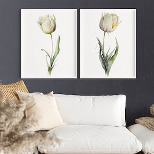 Peinture tulipe blanche, lot de 2 | Fleurs de salon chambre à coucher | Impressions aquarelle tulipes