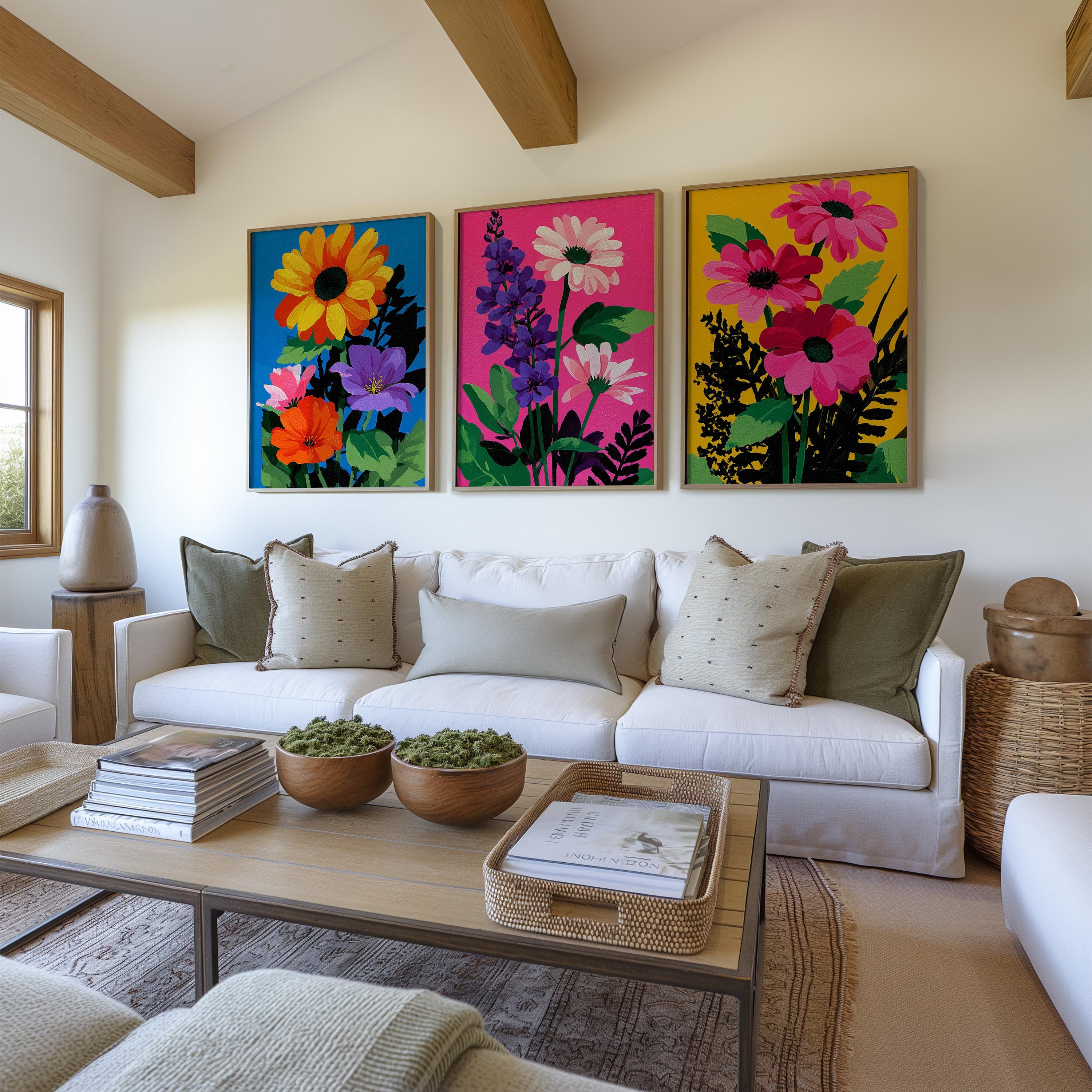 Wildflower Pop Art Prints: Bold Colorful Floral Wall Decor, Set of