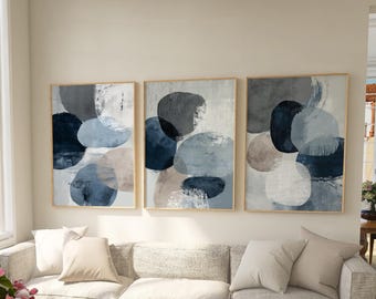 Navy Blue and Gray Abstract Art Prints - Geometric Wall Art Set of 3