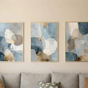 Tríptico geométrico azul grisáceo dorado: impresiones de arte abstracto moderno, juego de 3