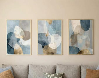 ブルーグレーゴールドの幾何学模様の三連画：モダン抽象アートプリント、3枚セット
