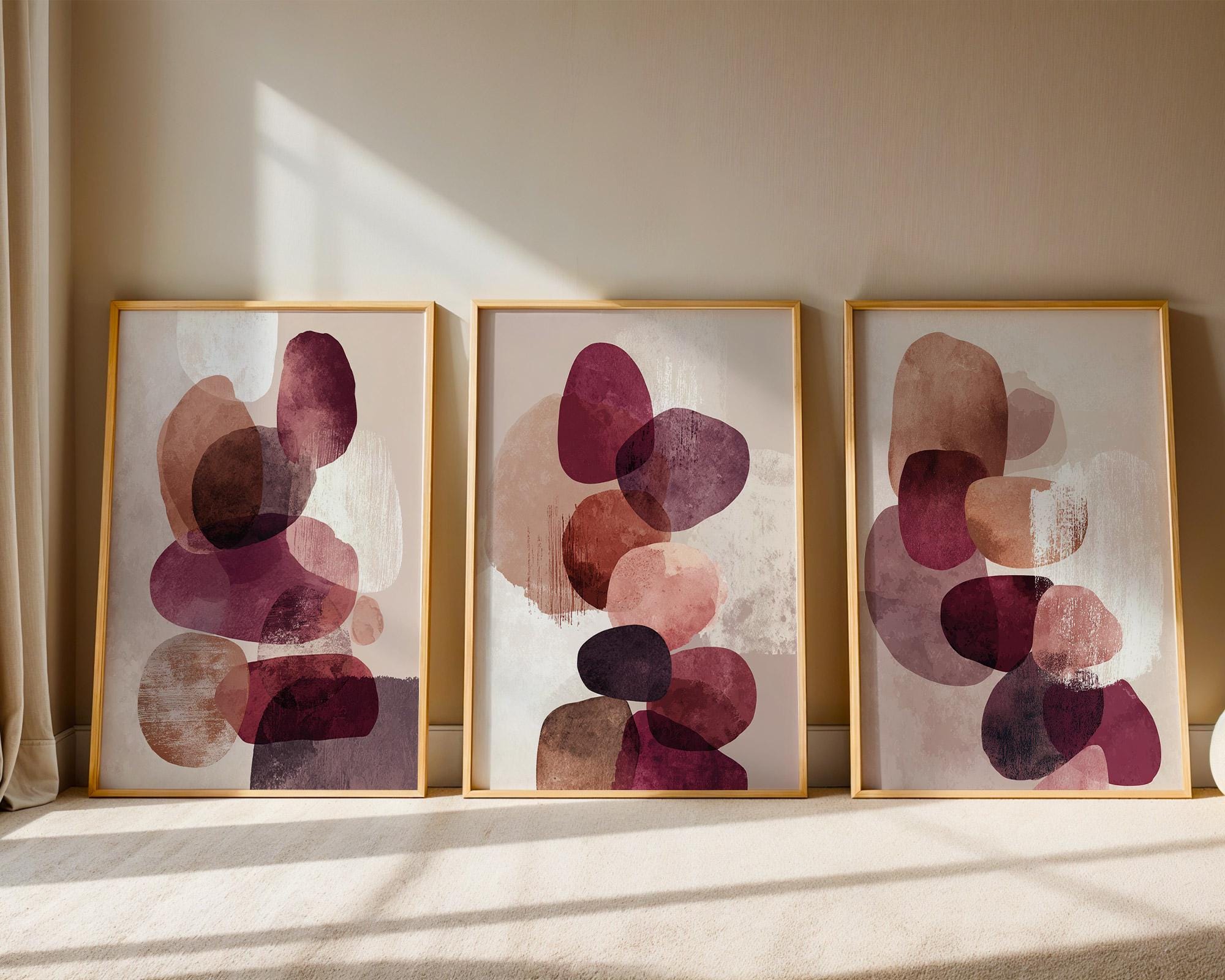 Beerry Shapes Burgundy Pink Abstract Art Print Set of 3 | Berry Shapes Wall Decor - Etsy
