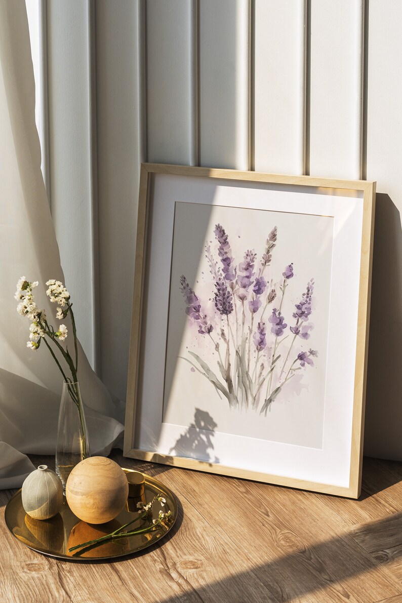 Lavender Watercolor Print, Farmhouse Decor, Floral Art Painting, Digital Art Download
