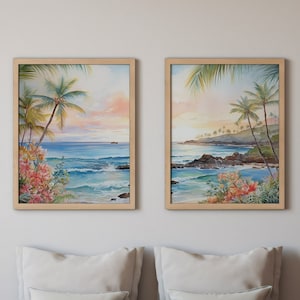 Conjunto de 2 pósteres de arte playero moderno, pintura hawaiana, playa y océano.