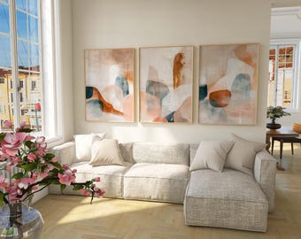 Lámina tríptico abstracto: tonos tierra neutros, decoración de pared para sala de estar
