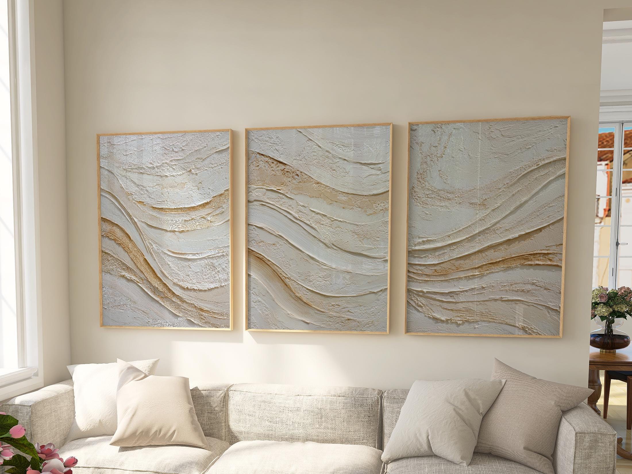 Abstract Wave Texture Print Set – Beige Gold Scandinavian Wall Art - Etsy