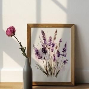 Lavender Watercolor Print, Farmhouse Decor, Floral Art Painting, Digital Art Download