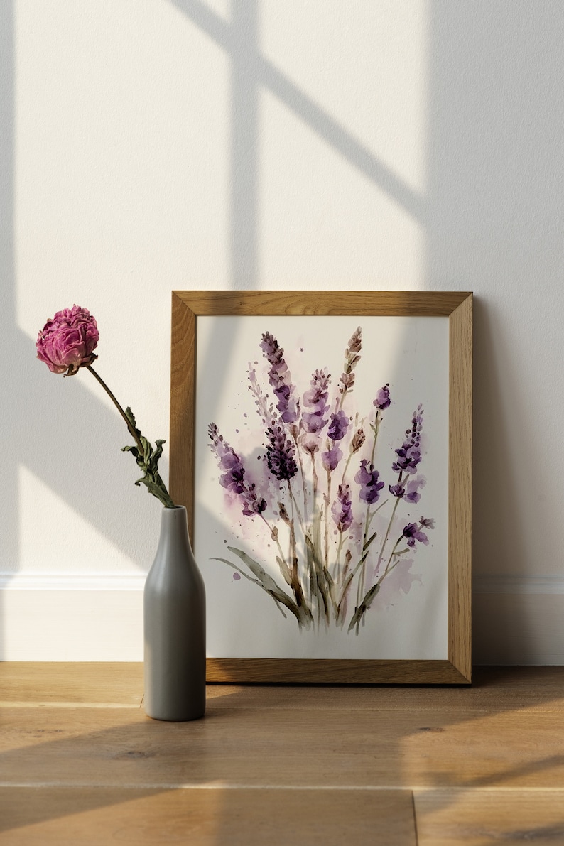 Lavender Watercolor Print, Farmhouse Decor, Floral Art Painting, Digital Art Download