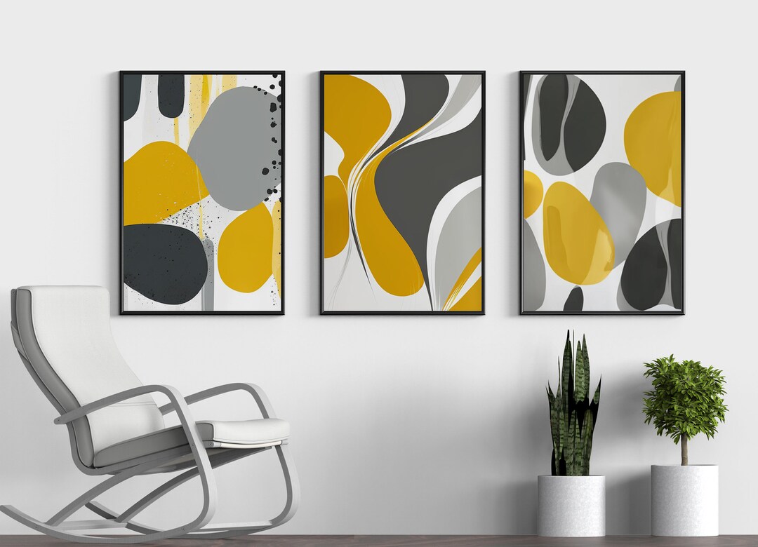 Mustard Yellow and Grey Abstract Wall Art Set of 3 for Modern Living