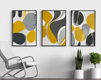 Mustard Yellow and Grey Abstract Wall Art Set of 3 for Modern Living Room Decor