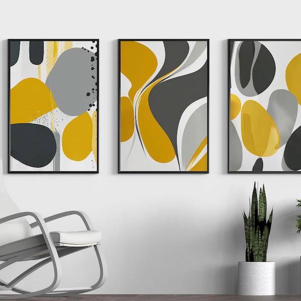 Ensemble de 3 décorations murales abstraites jaune moutarde et grise pour décor de salon moderne