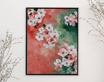 Cherry Blossom Texture Art Print – Pink Green Floral Wall Decor Modern Watercolor Botanical Art