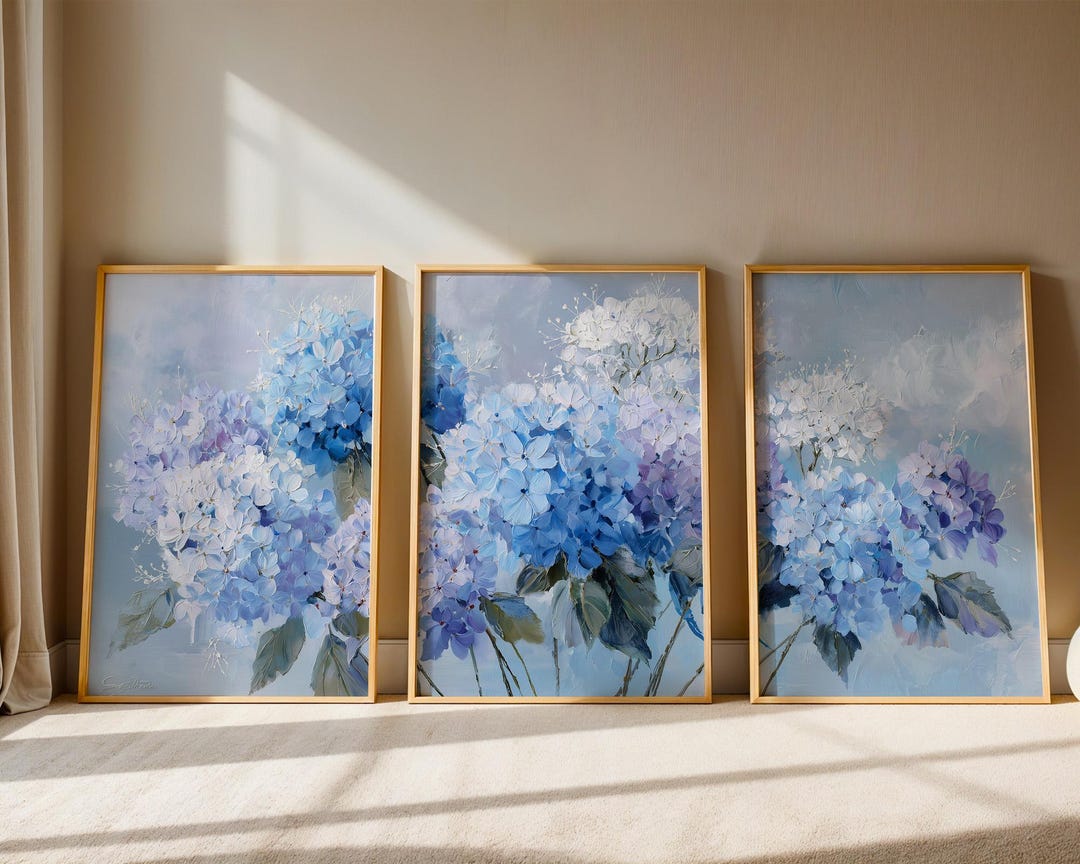 Blue Hydrangea Art Prints: Floral Botanical Wall Decor, Set of 3 - Etsy