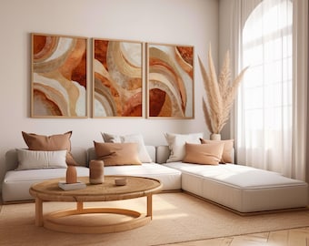 Conjunto de gravuras abstratas em arco dourado e terracota, decoração moderna e rústica.