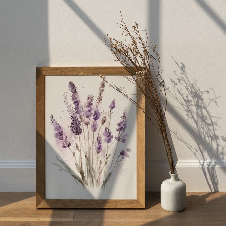 Lavender Watercolor Print, Farmhouse Decor, Floral Art Painting, Digital Art Download