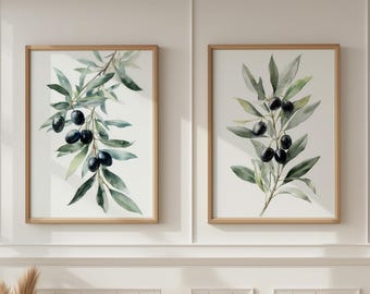 Olive Branch Prints Set, Mediterranean Kitchen Wall Art