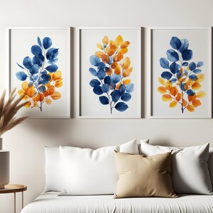 Autumnal Hues Leaf Triptych | Blue & Orange Watercolor Art | Modern Botanical Series