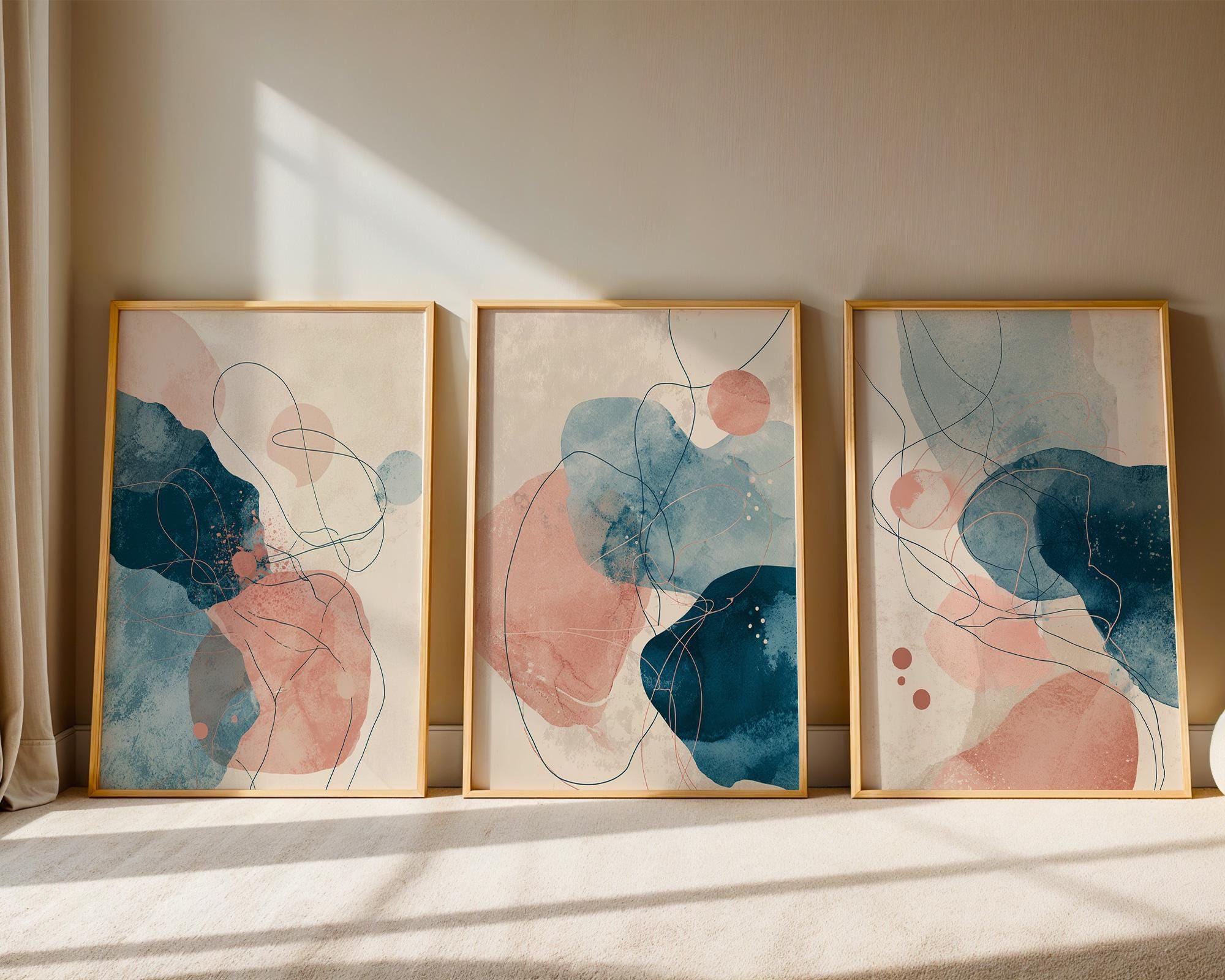 Abstract Watercolor Prints Set of 3, Navy Blue Blush Pink Wall Art ...