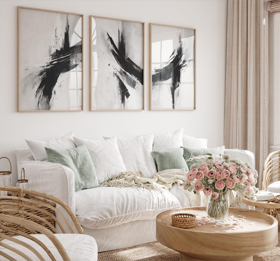 Black and White Abstract Brush Stroke Triptych: Minimalist Canvas Print ...