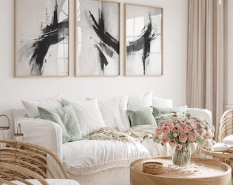 Black and White Abstract Brush Stroke Triptych: Minimalist Canvas Print Set
