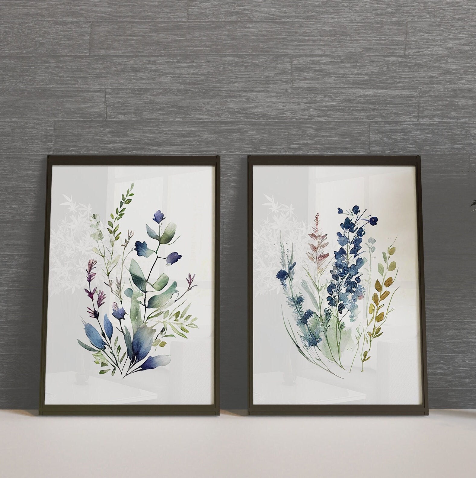 Fleurs sauvages bleu marine, prairie, art mural aquarelle, salon, impression d'art mural de chambre à coucher, lot de 2