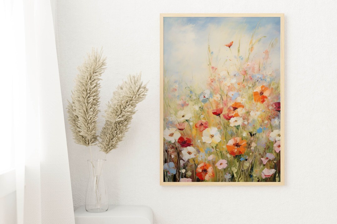 Floral Spring Landscape Vintage Wall Art Wildflower Landscape Print ...