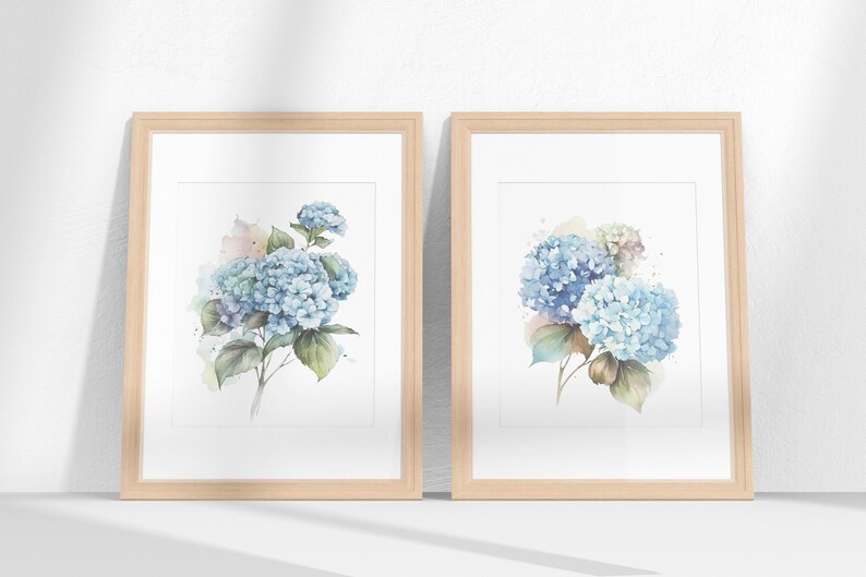 Blue Hydrangea Watercolor Print Set: Floral Living Room Wall Art - Etsy