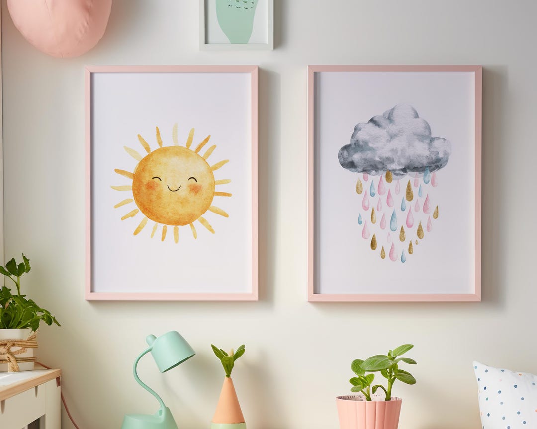 Sun and Rain Cloud Nursery Prints Set of 2, Rainbow Watercolor Wall Art ...