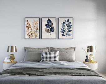 Botanical Leaf Art Prints: Navy Blue & Gold Set of 3